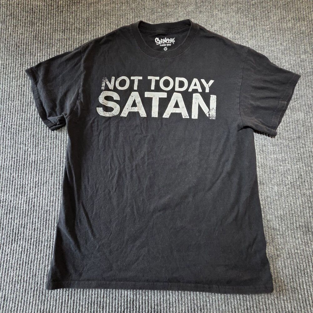 Mens Y2K Spencer’s Not Today Satan Comedy Parody Graphic Shirt Size M